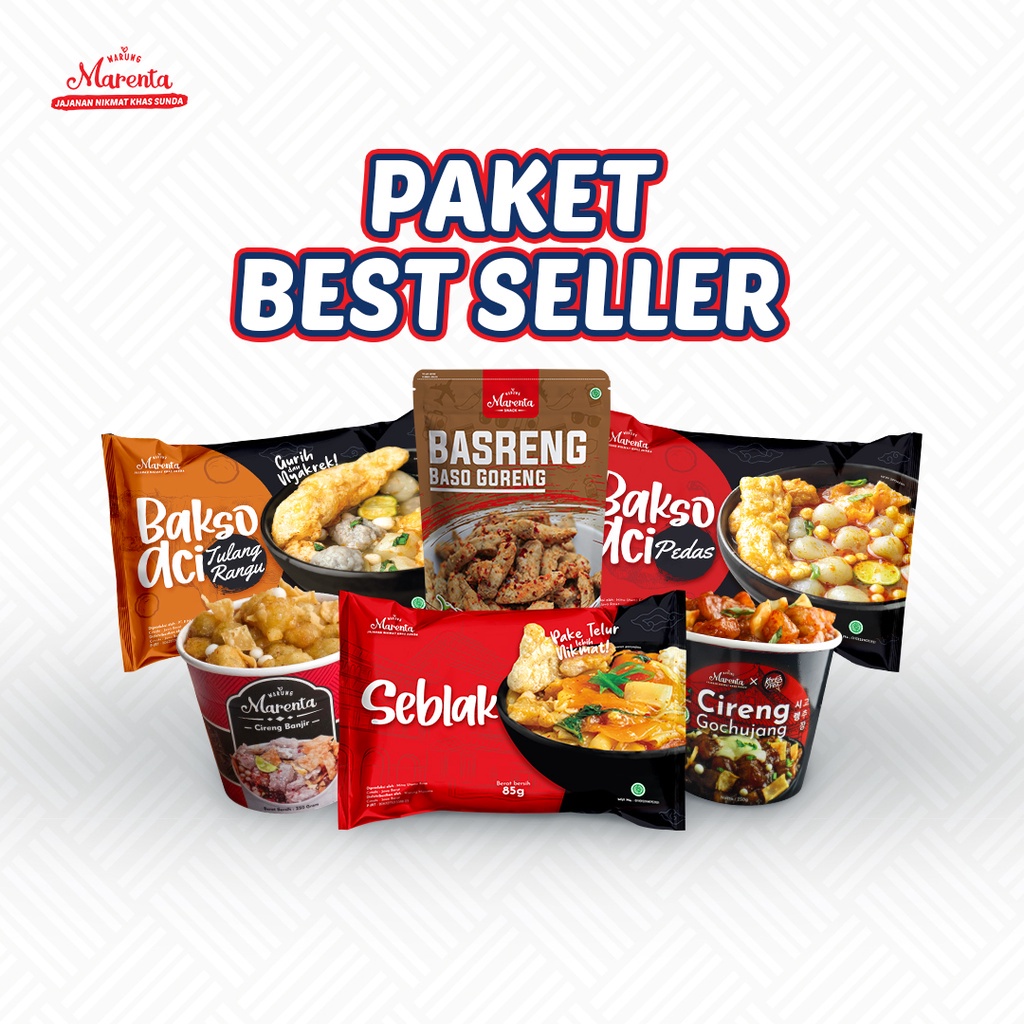 

Marenta [ Paket Best Seller ] Seblak - Basreng - Baso Aci Pedas - Baso Aci Tulang Rangu - Cireng Banjir ORI - Cireng Gochujang