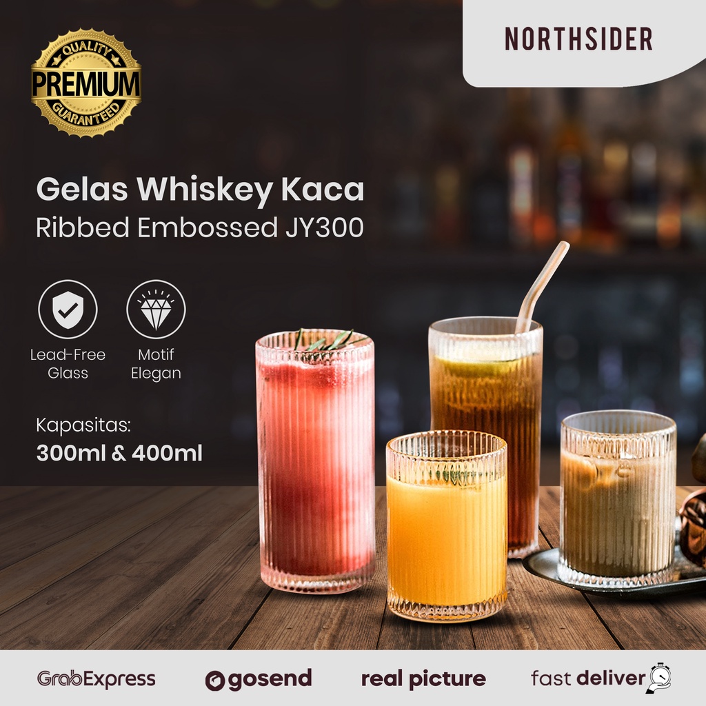 GELAS WHISKY KACA 300ML RIBBED EMBOSSED WHISKEY GLASS - JY300