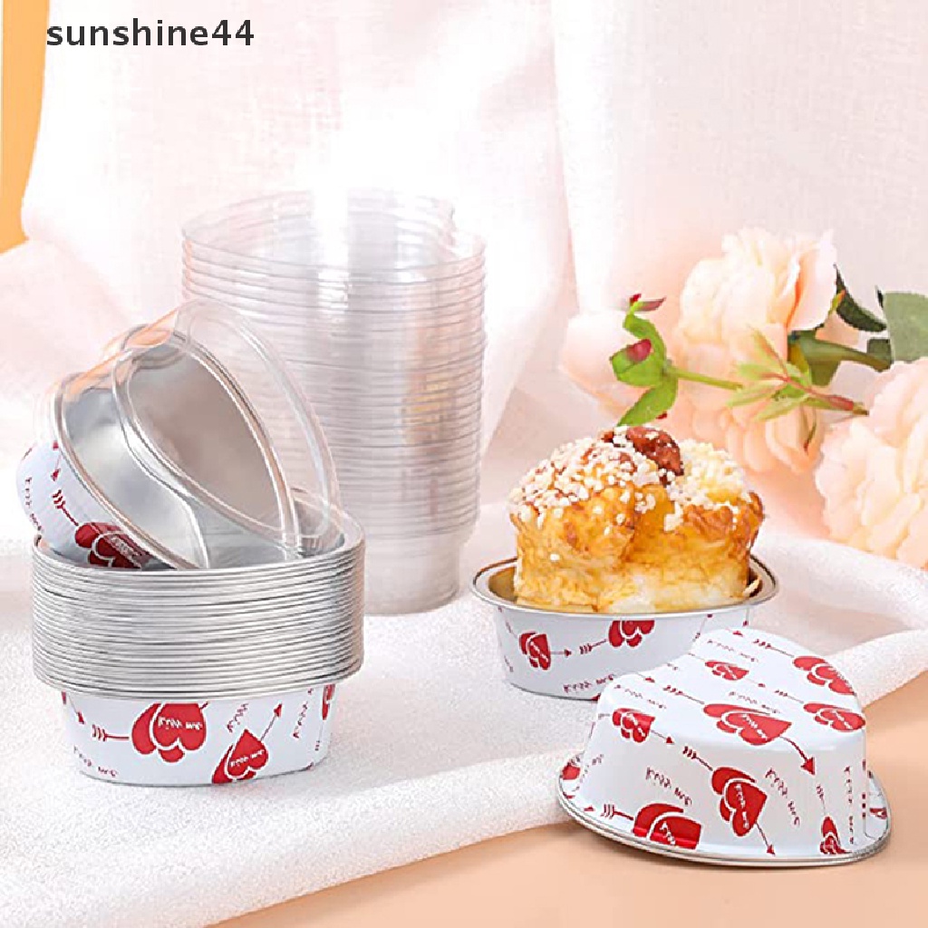 Sunshine 10Pcs/Set 100ML Cup Kue Aluminium Foil Berbentuk Hati Dengan Tutup Loyang Kue.