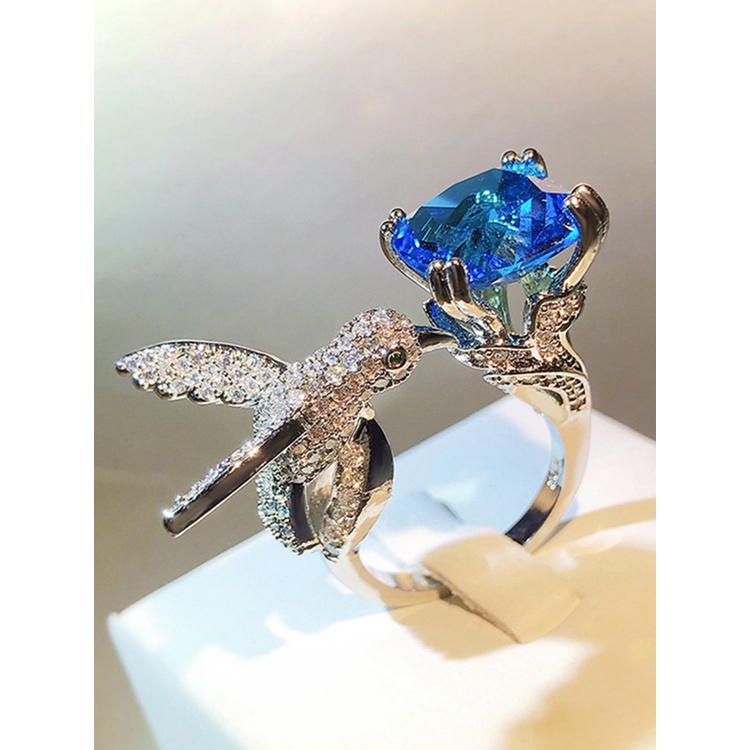 Indah925 Sterling Silver Adjustable Hummingbird Jari Berlian Rings Untuk Pengantin Wanita Pertunangan Pernikahan Anniversary Hadiah