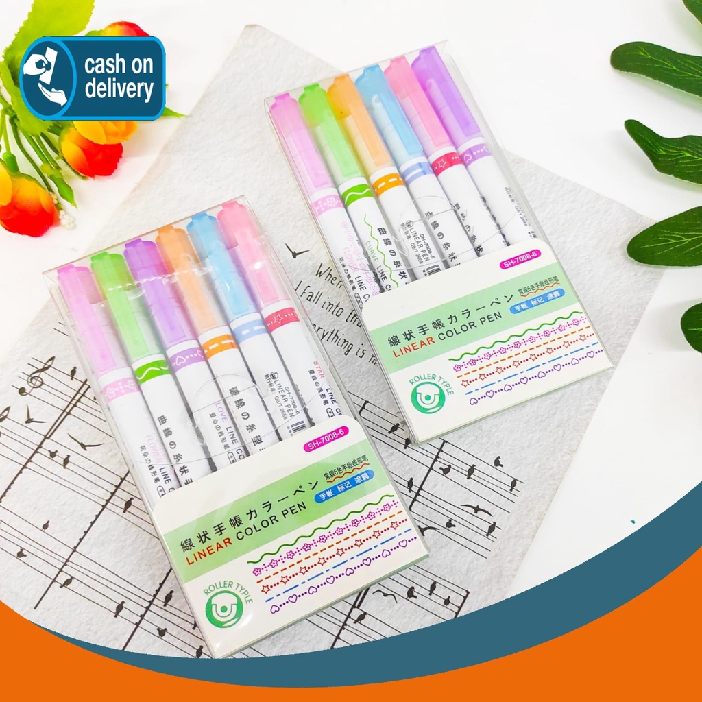 

HIGHLIGHTER BERMOTIF LINEAR COLOR PEN 1 BOX ISI 6 PCS KODE SH-7008-6 ALAT TULIS UNIK SPIDOL WARNA WARNI PASTEL STABILO