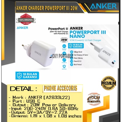 ANKER CHARGER POWERPORT III 20W PD USB C(A2631G21 )POWERPORT III NANO 20W (A2633L220)