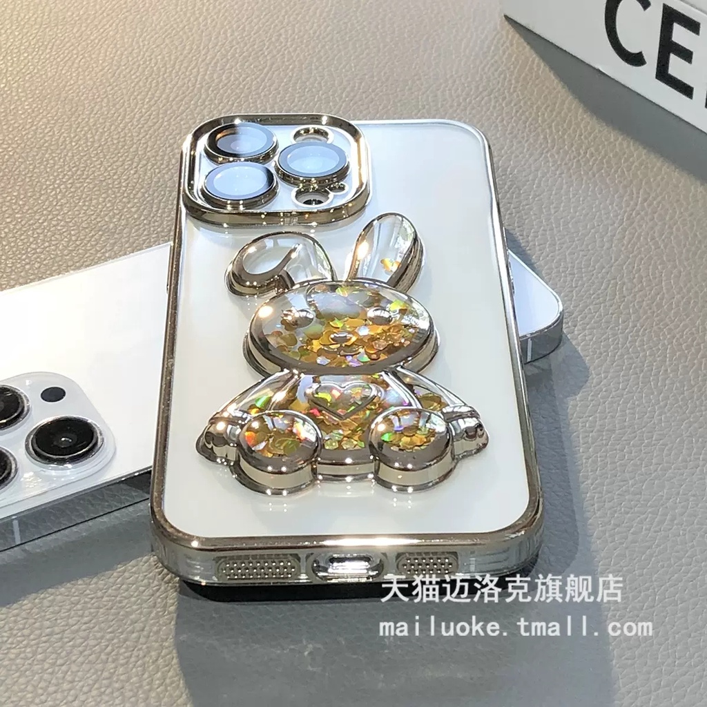 IPHONE Casing Ponsel bracket Kelinci Pasir Hisap Plating Mewah Kompatibel Dengan Iphone14 13 12 11 Pro Max Dengan Lensa Film Desain Layar Debu Pencegah Jatuh Penutup Belakang