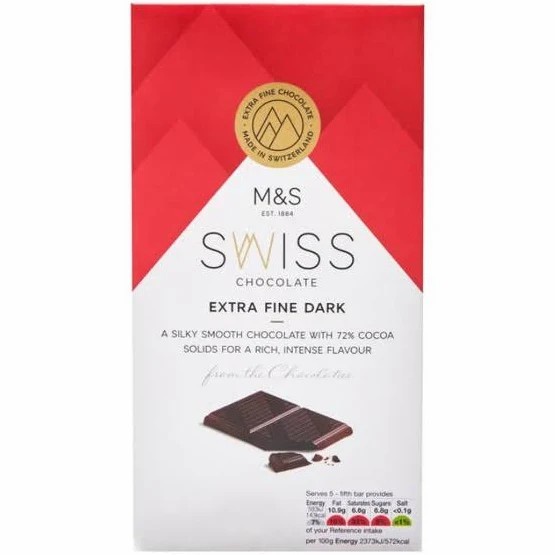 

MARKS & SPENCER M&S Swiss Chocolate Extra Fine Dark 72% Cocoa 125gr