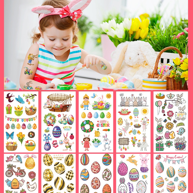 [Harga Grosir] 1PC Pola Acak Eater Stiker Tato Kartun Anak-Anak Kelinci Lucu Telur Dewasa Anak Temporary Tato Palsu Tahan Air Happy Easter