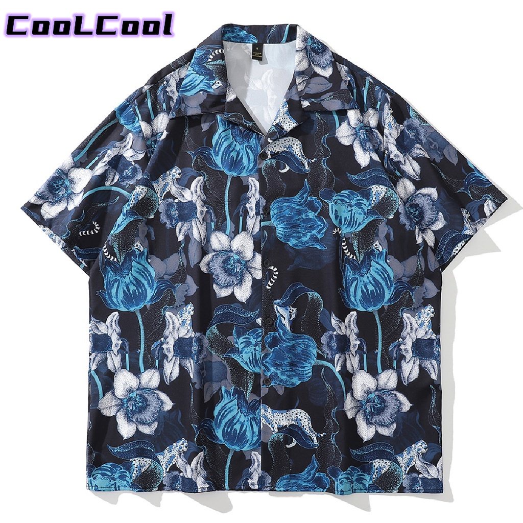 2023 Oversize New Street Style Fashion Blue Floral Print Women Men Casual Tops Loose Short Sleeve Ae