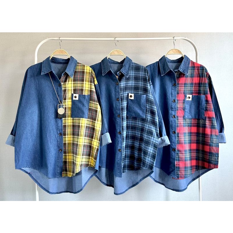 SALE Atasan Kemeja Jeans Import Kombinasi Katun Flanel Kotak New LuBaNa#6686