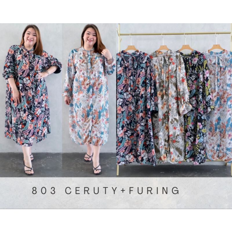 Code 803 Dress Ceruty + Furing Bunga New Jumbo Bigsize