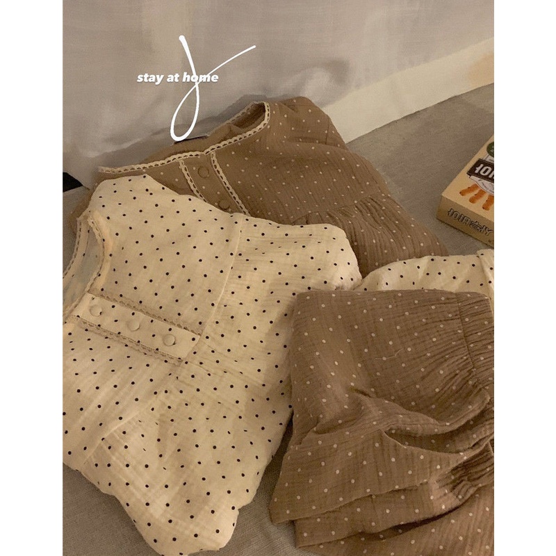 Piyama wanita musim panas celana tidur polka dot leher bulat lengan gelembung loungewear siswa nyama
