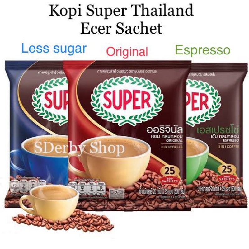 

Super Coffee Thailand 3in1 Original Less Sugar Espresso Kopi Sachet