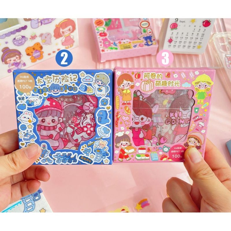 Stiker Motif Kartun Korea Box PVC Anti AirGift Kado lsi 100 Lembar