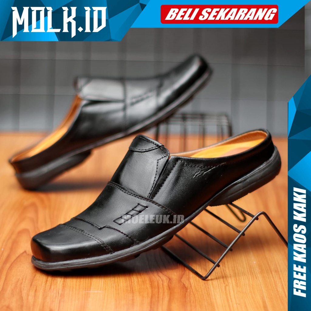 MOLK Sandal Pria Dewasa Kulit Asli Original Sendal Slop Cowok Casual Selop Hitam Simple Murah Tutong Bustong