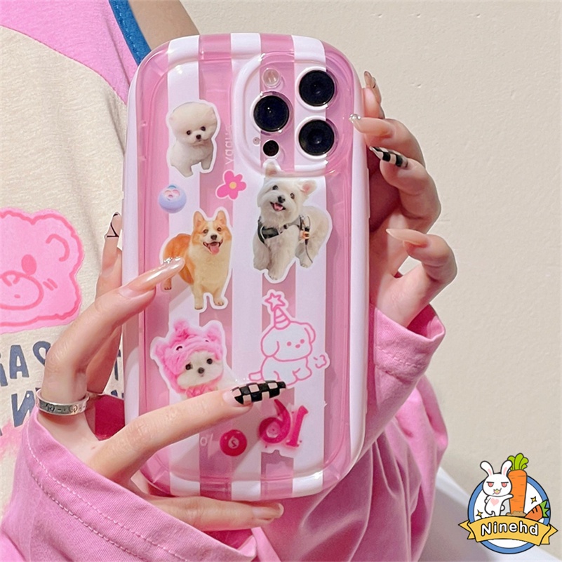 IPHONE Casing Kompatibel Untuk Iphone14 13 12 11 Pro Max X Xr Xs Max8 7 6 6s Plus SE 2020 Ins Cute Dog Pink Stripe Phone Case Silikon Transparan Shockproof Soft Case Cover Pelindung