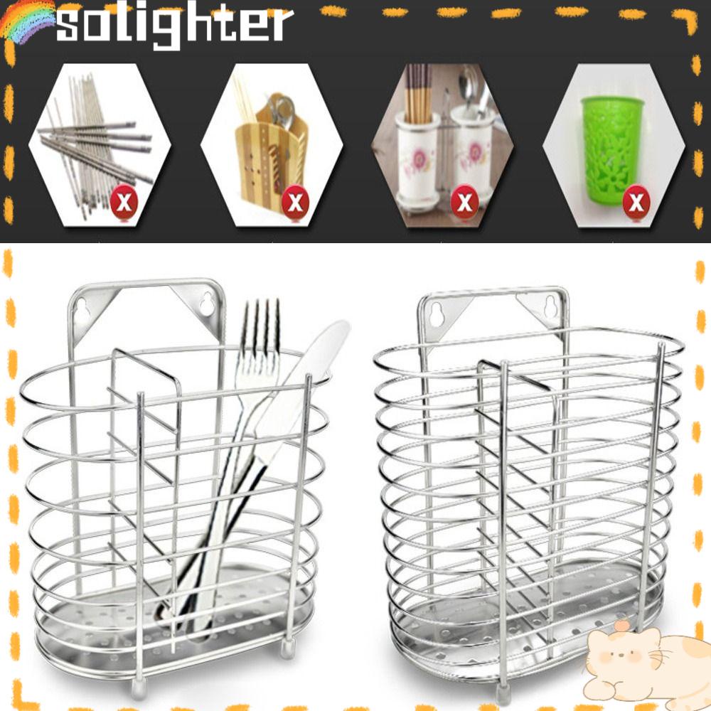 Solighter Stainless Steel Tempat Sumpit Tahan Lama Kotak Penyimpanan Alat Dapur Kering Basah Dual Purpose Cutlery Dryer Drainer Rack