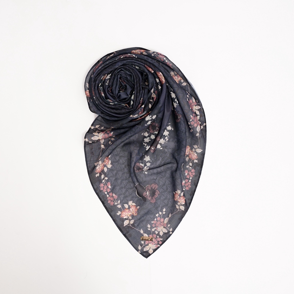 ALIF HIJAB SEGI EMPAT MOTIF PARIS PREMIUM KOREA - SUNFLOWER IN DARK NAVY ( SPR-D1-005 )