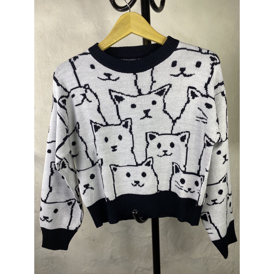 Neko Sweater Rajut Crop Top Motif Kucing Model Pendek