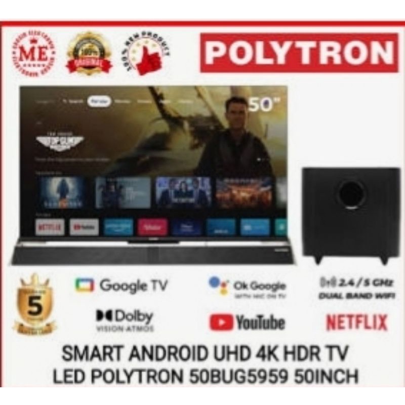 (Khusus Wilayah Palembang) TV Led Digital Android Polytron Soundbar 50BUG5959, Android TV Polytron S