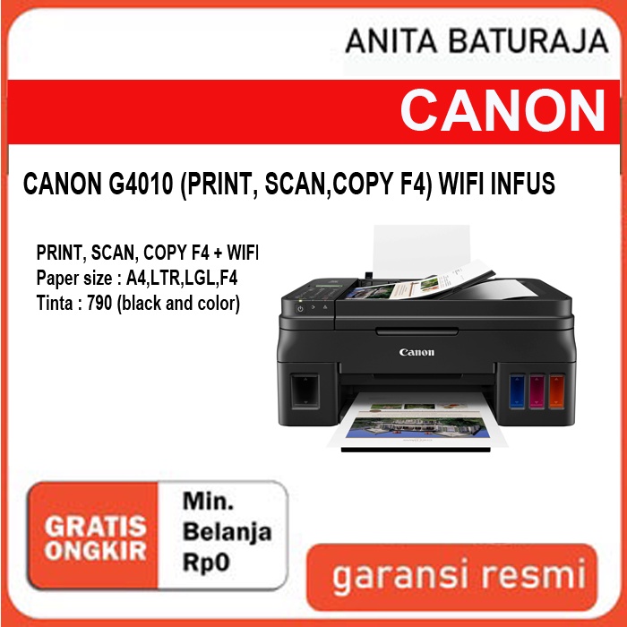 PRINTER CANON G4010 (PRINT, SCAN, COPY F4 + WIFI) INFUS