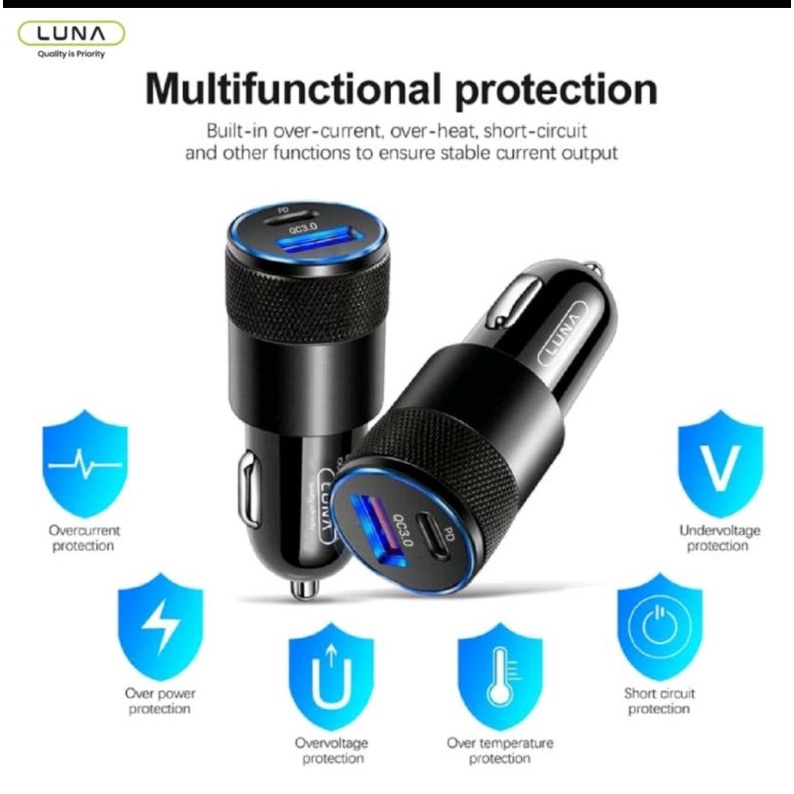 LUNA R1B3 CAR CHARGER COLOKAN MOBIL 2 PORT USB TYPE-C FAST CHARGING PD 36W QC 3.0 QUALCOMM