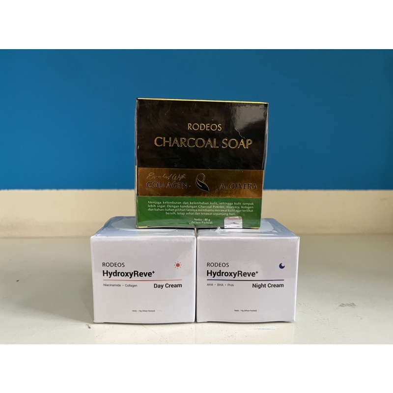 Paket Rodeos glowup charcoal soap HydroxyReve + day cream + Night cream