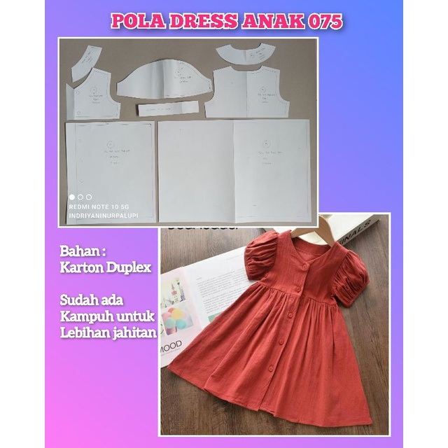 Pola Instan Dress Anak 075 - Pola Baju Dress Anak full kancing depan lengan puff / balon