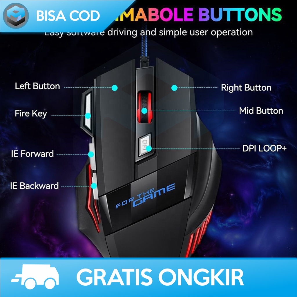 MOUSE GAMING KABEL ERGONOMIS DESAIN 2400DPI GAMING MOUSE G6 RGB LIGHT