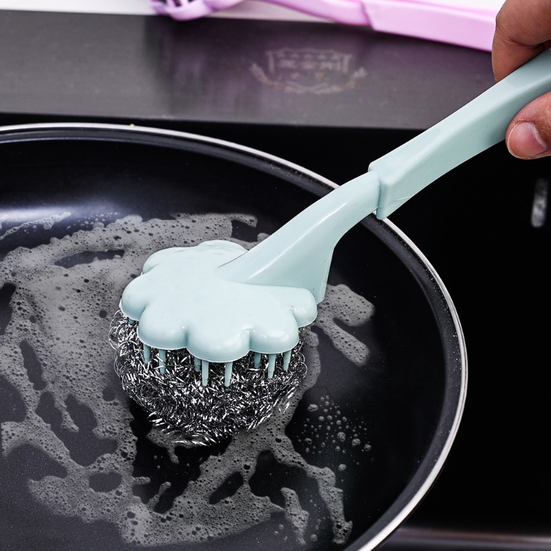 Deep Clean Scrub Washing Brushes Sikat Gagang Panjang Dengan Kawat Stainless Steel Bola Rumah Tangga Dapur Mangkok Piring Panci Alat Makan Pembersih Wastafel Sikat Pembersih Gantung