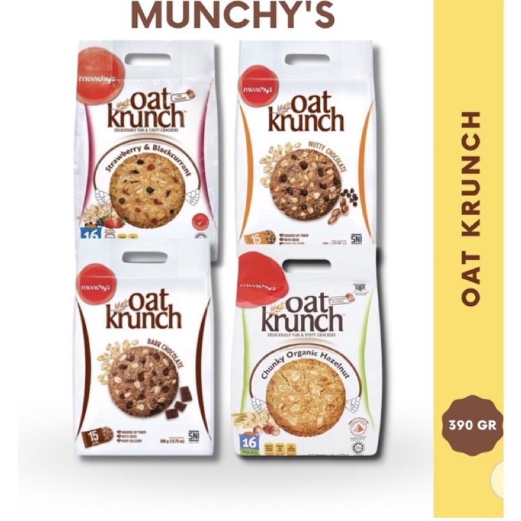 

Munchy’s Oat Krunch Dark Chocolate hazelnut strawbery blackcurrant dan nutty chocolate 360gr isi 15pcs