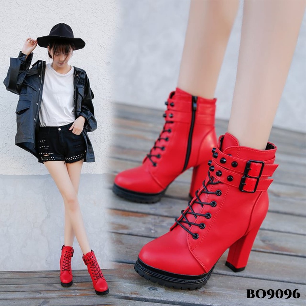 WYN SEPATU BOOTS HIGH BLOCK FASHION KOREA BAHAN KULIT SINTESIS BO9096