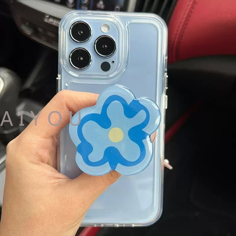 IPHONE Casing Hard Case Bening Tahan Guncangan Mewah Untuk Iphone13 14 12 Pro Max11 X XR XS 7 8 Plus Pelindung Lensa Kamera Transparan Soft Cover+Phone Holder Bunga Biru