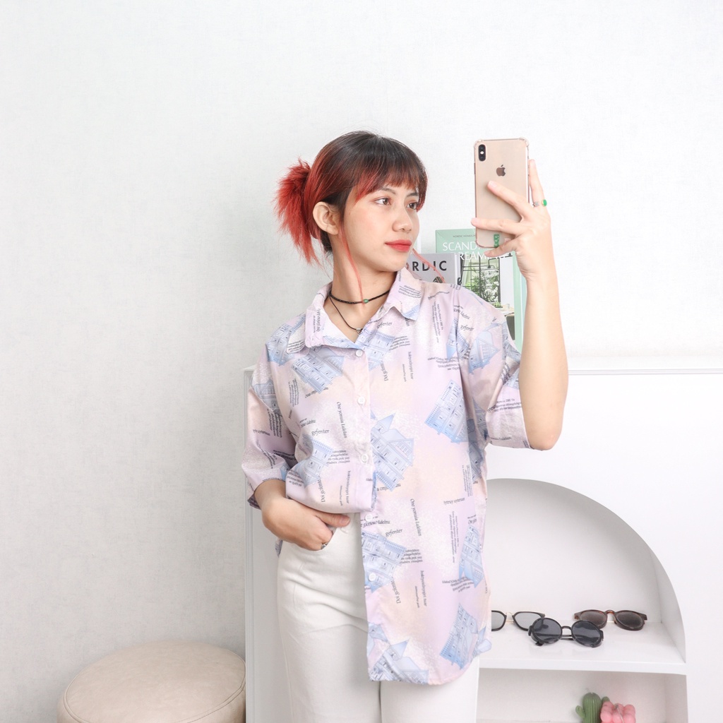 Korean printed kemeja wanita casual premium silk lengan pendek