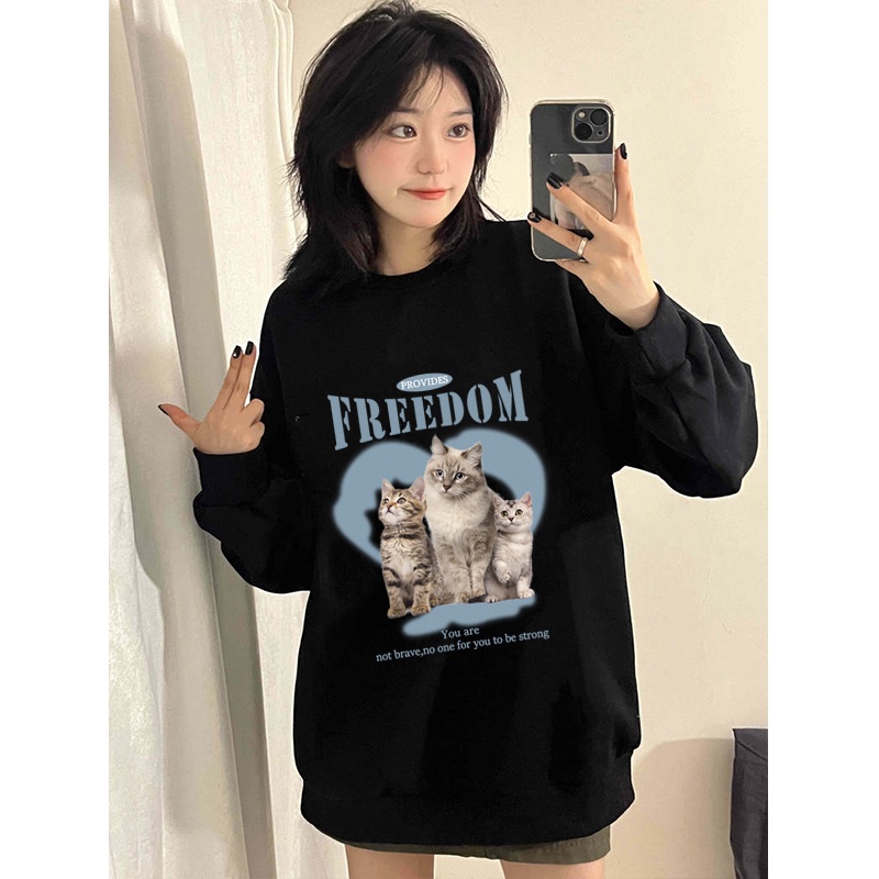 Kaos Stasan Wanita Oversize Couple Sweater American Vintage Cartton Cat Cartoon Graphic Priting Top Kekinian Casual Sweater