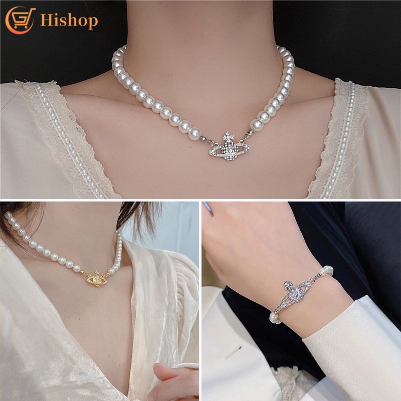 Gelang Kalung Manik-Manik Mutiara Elegan Zirkon Planet Emas Perak Choker Untuk Wanita Fashion Aksesoris Perhiasan