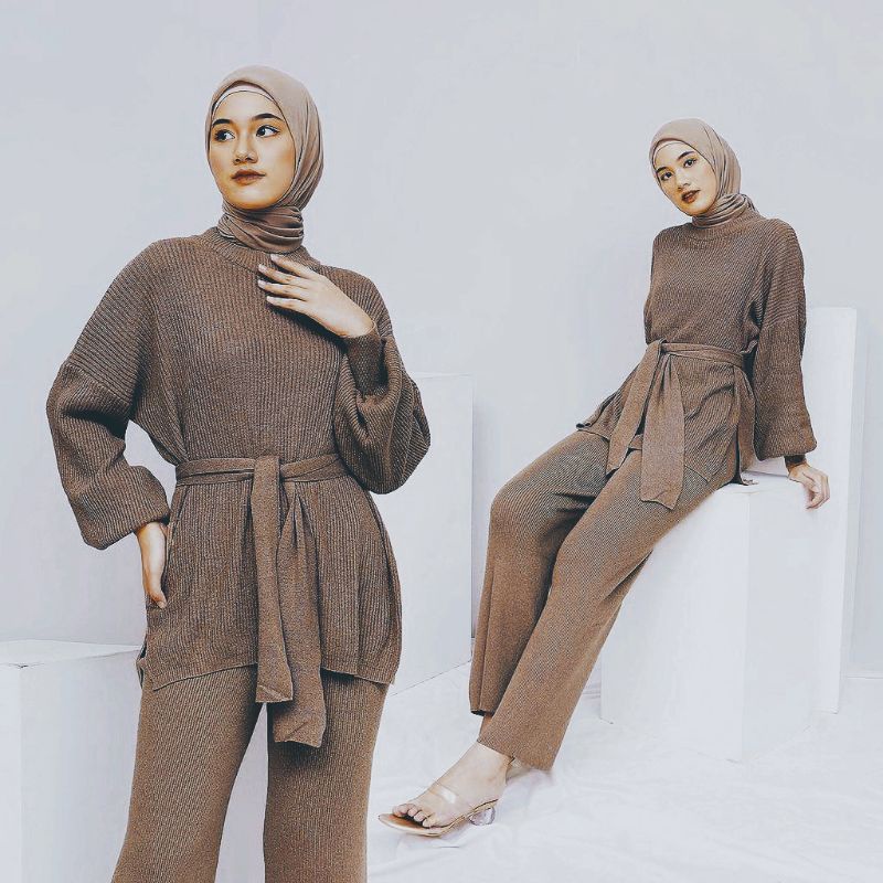 Setelan celana rajut plus sweater balon terbaru // one set celana knit + sweater balon