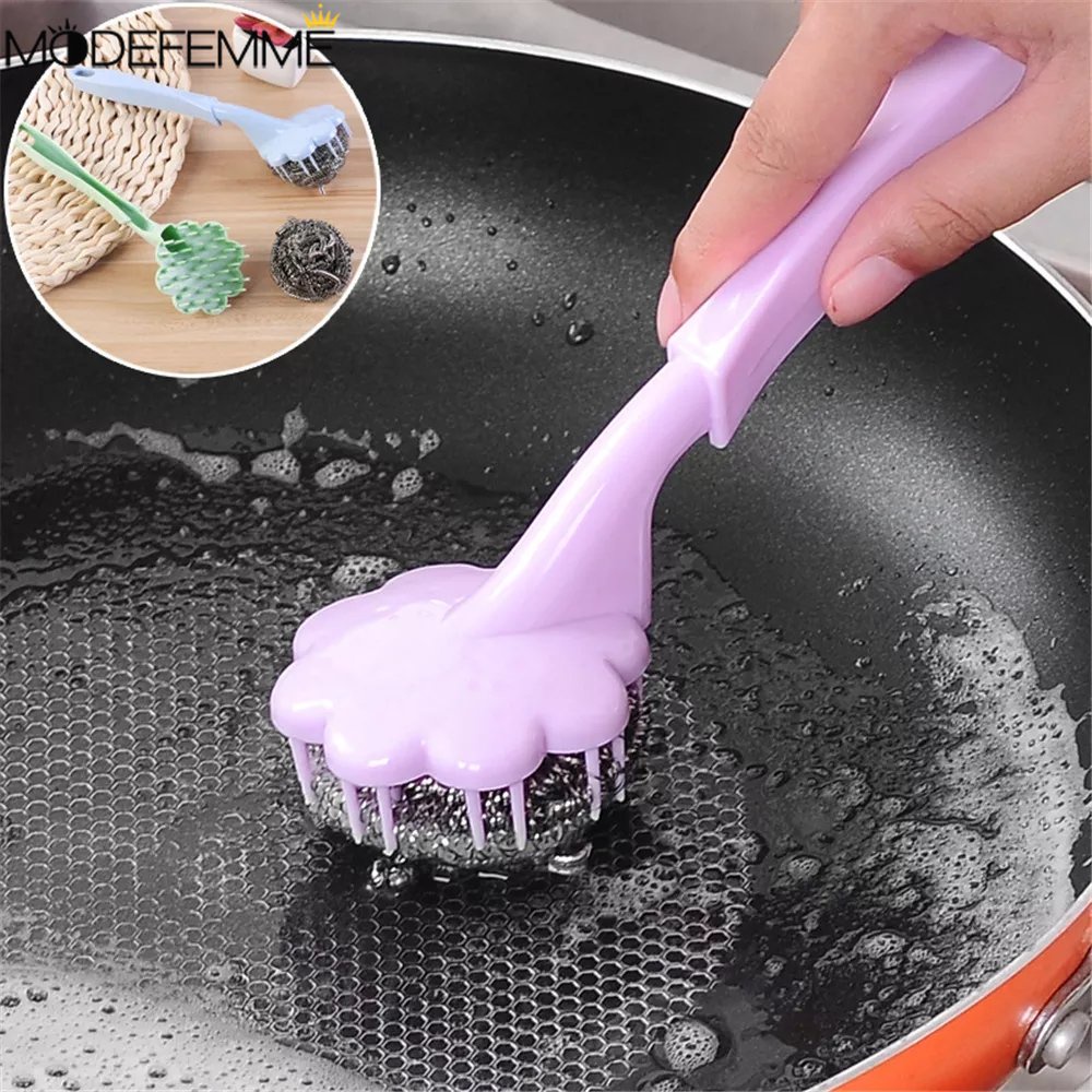 Sikat Pembersih Gantung Gagang Panjang Stainless Steel Wire Ball Brush Household Deep Clean Scrub Brushes Kitchen Cutlery Cleaner Alat Cuci Panci Piring Mangkok Dapur