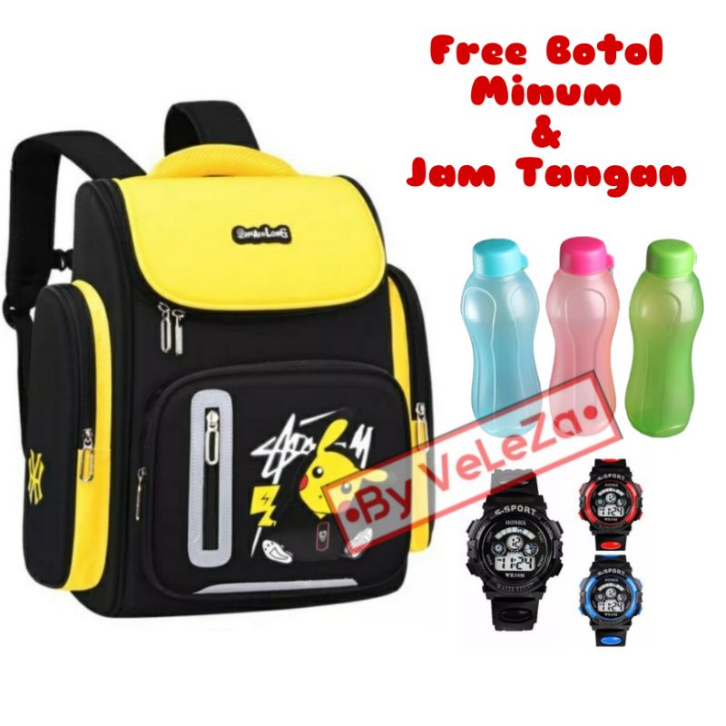 Tas Ransel Anak Karakter Pikachu 3in1 - tas + botol minum + jam