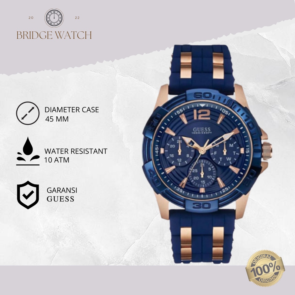 Jam Tangan Pria Guess Oasis Original W0366G4 Analog Chronograph Sporty Blue Rubber Strap Silicon Cow