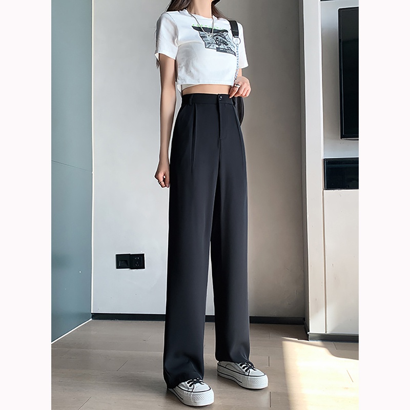 Putih/Hitam Highwaist Loose Kerja Celana Setelan Wanita Korean