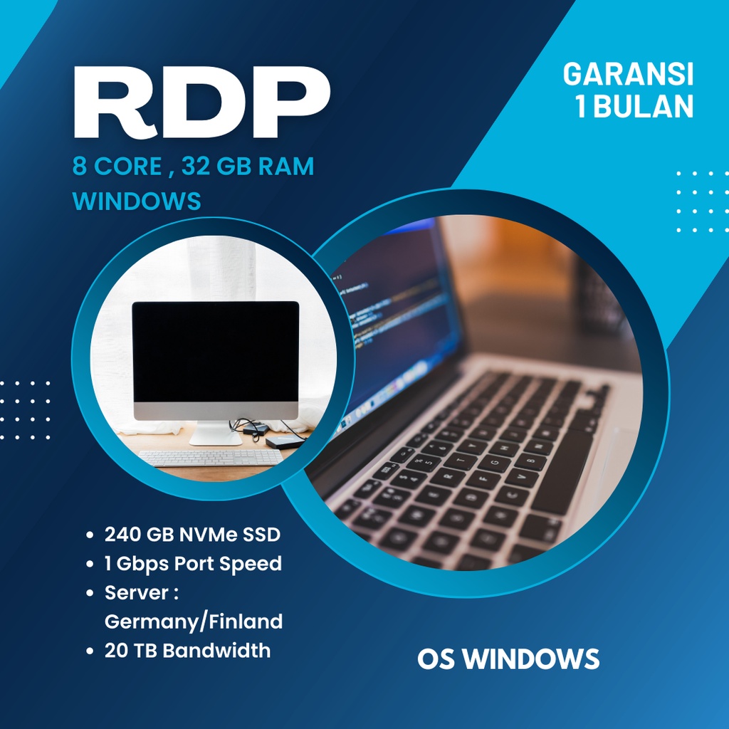 RDP Windows - 8 Core , 32 GB RAM (FULL GARANSI)