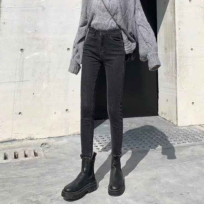 Red Celana Jeans Pinggang Tinggi Wanita Musim Gugur 2022 Versi Korea Baru Pelangsing All-Match Kaki Kurus Sembilan Poin Celana Pensil Trendi