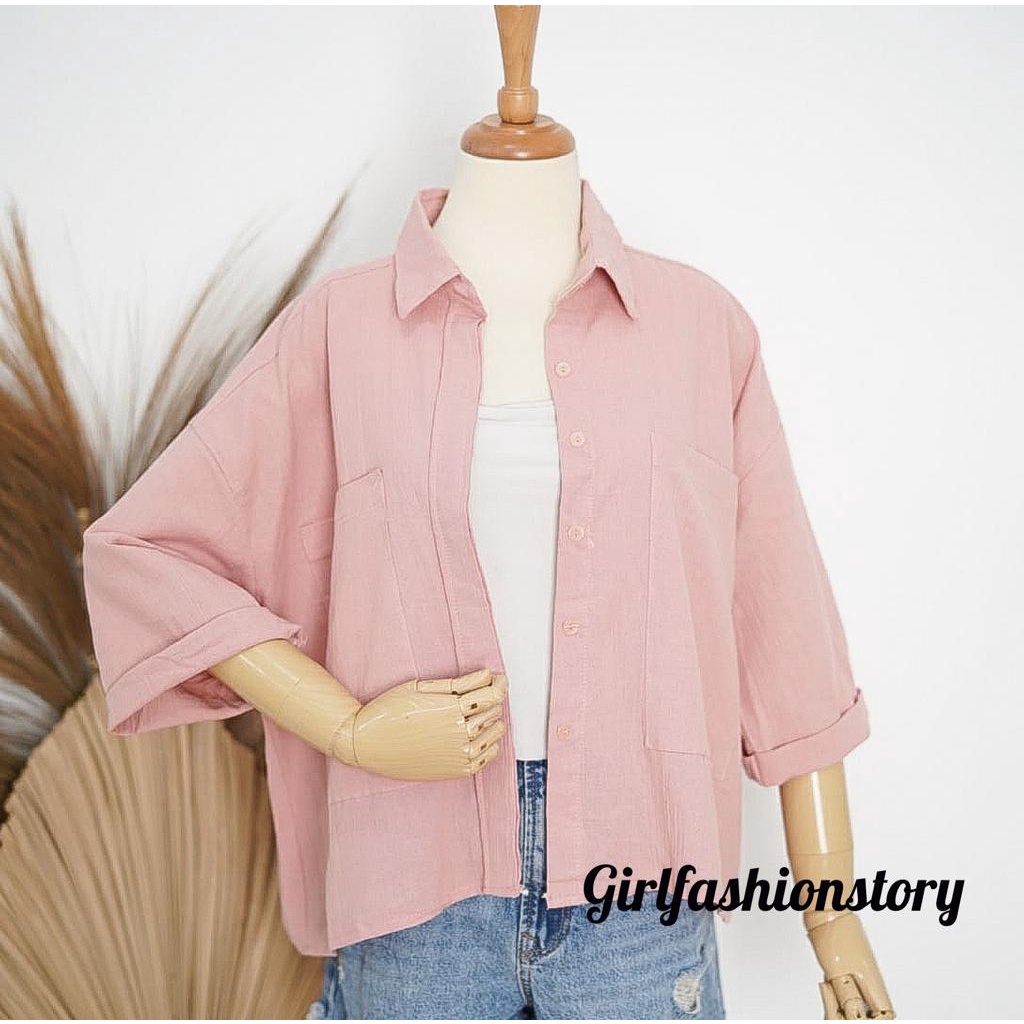 BEFAST - ZFS OOTD KEMEJA WANITA OLIVIA / MOSHIE LINEN CRINCLE OVERSIZE SHIRT / Fashion Kekinian Wanita Kerja / Hem Jumbo Lengan 3/4 / OOTD ALA Style Korean / Hem Oversize Terbaru / Pakaian Casual Wanita Remaja / Kemeja Polos Formal