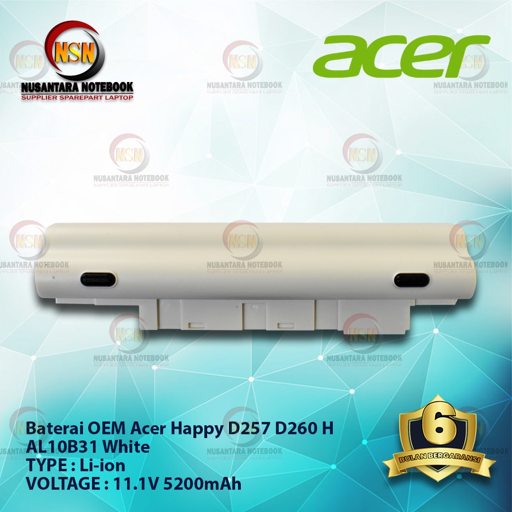 Baterai OEM Acer AL10B31 For Aspire One 522 722 D260 11.1V 5200mAh White