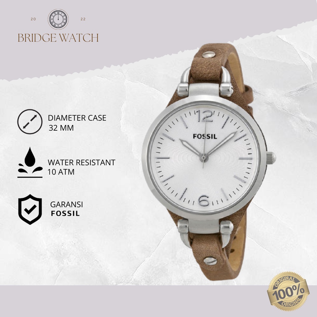 Jam Tangan Wanita Fossil Georgia ES3060 Original Analog Brown Leather Strap Kulit Coklat Cewek Casua