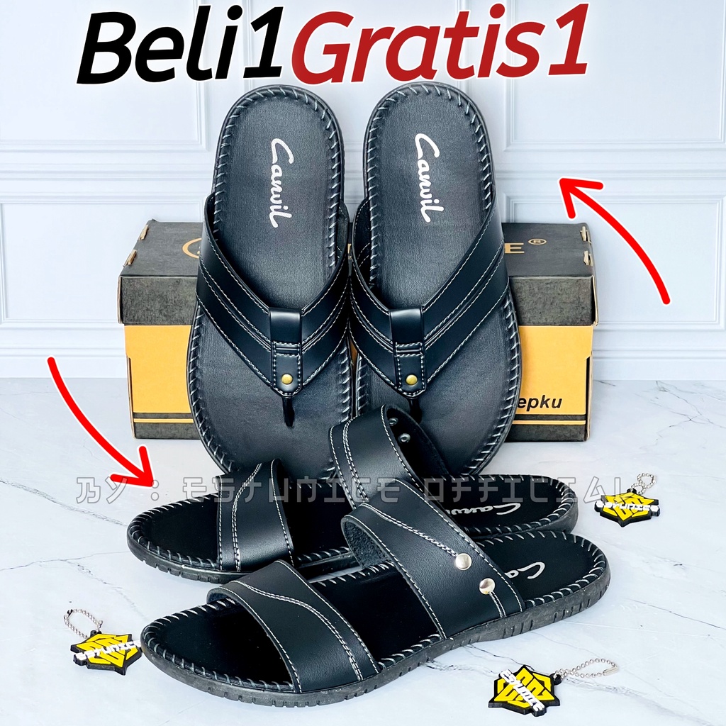 BELI 1 GRATIS 1 Sandal Kulit Pria Sendal Jepit Slop Pria Sandal Slip On Pria