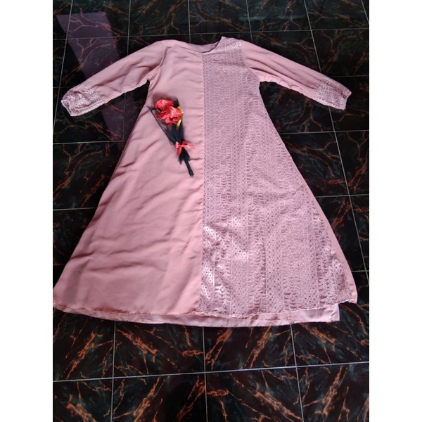gamis pink sifon komb brukat full furing dress resepsi dress kondangan wanita remaja dewasa real pic