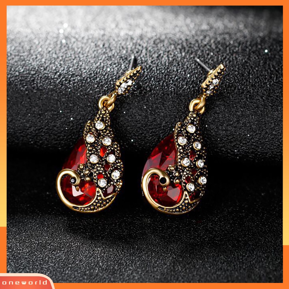 [oneworld] 3 Pcs Berlian Imitasi Anting Perhiasan Batu Permata Palsu Liontin Merak Fashion Kalung