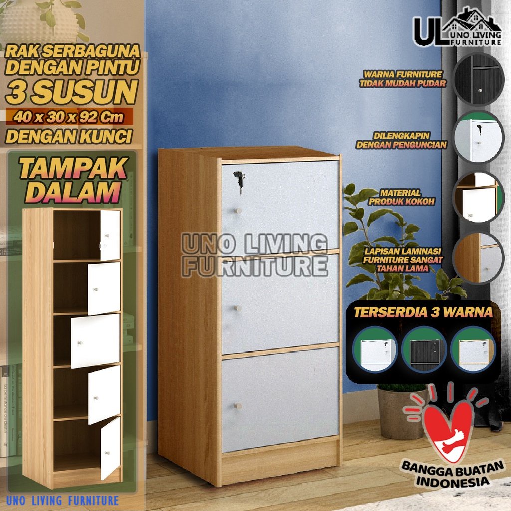 LEMARI RAK BUKU SERBAGUNA 3 SUSUN KAYU DENGAN KUNCI TERBARU MURAH LEMARI BUKU RSG PINTU