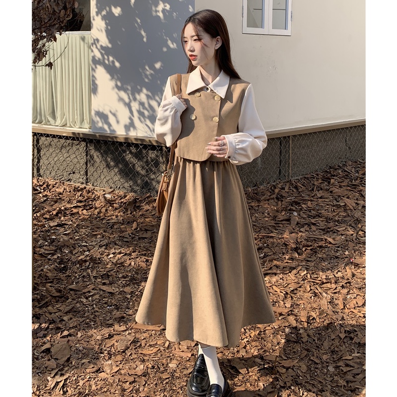 Dress Retro Kasual Wanita Gaya Korea Dress Lengan Panjang Kerja Longgar