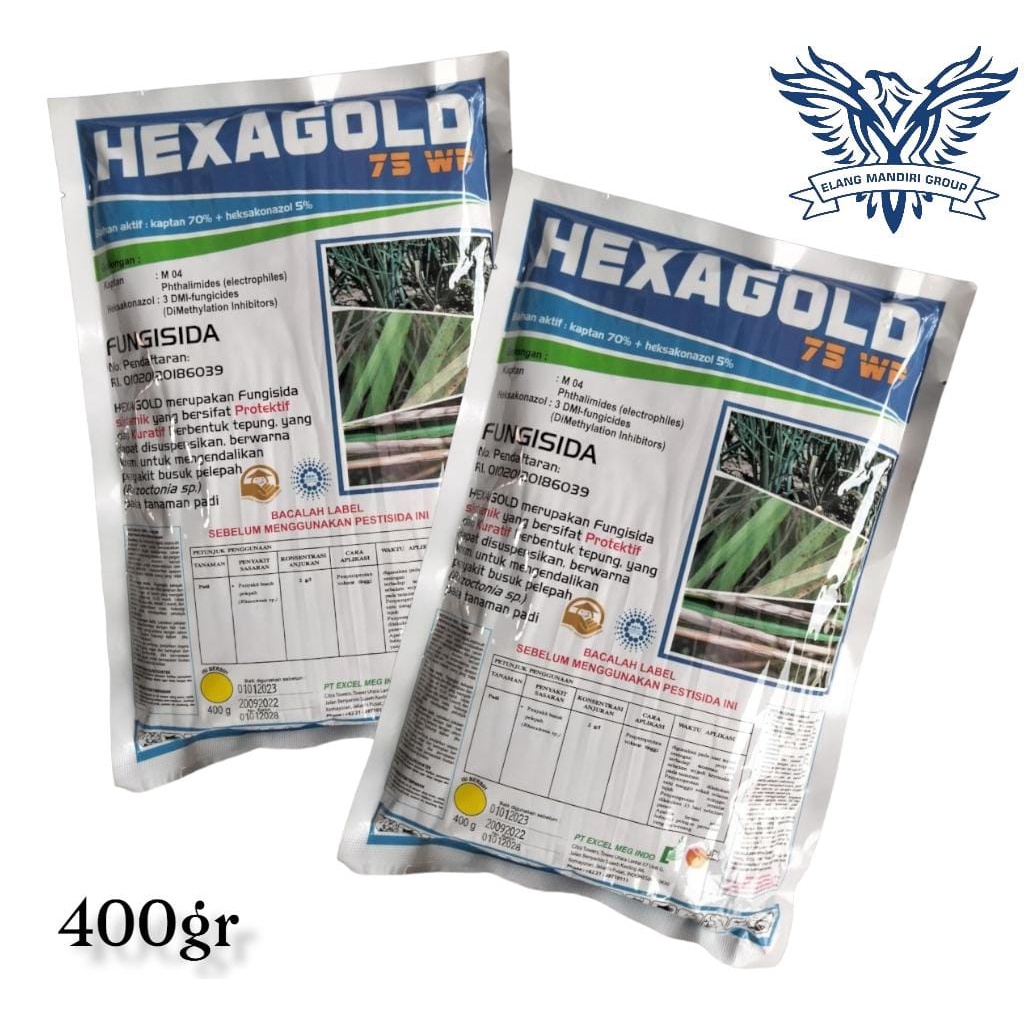 Fungisida HEXAGOLD 75wp 400gr Bahan aktif Kaptan 70% dan Hekzakonazol 5% Untuk Mengendalikan Penyakit Busuk Pelepah pada Tanaman Padi Heksa Orthocide Anvil Kontaf Kontaf plus