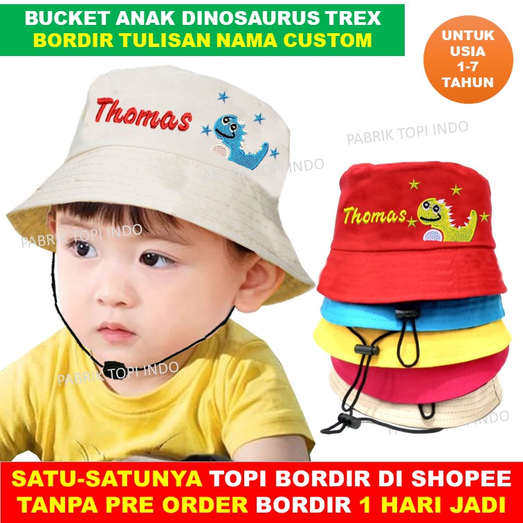 Topi Dino Topi Trex Bucket Anak Dinosaurus dan Bordir Nama Anak Usia 1 - 7 Tahun